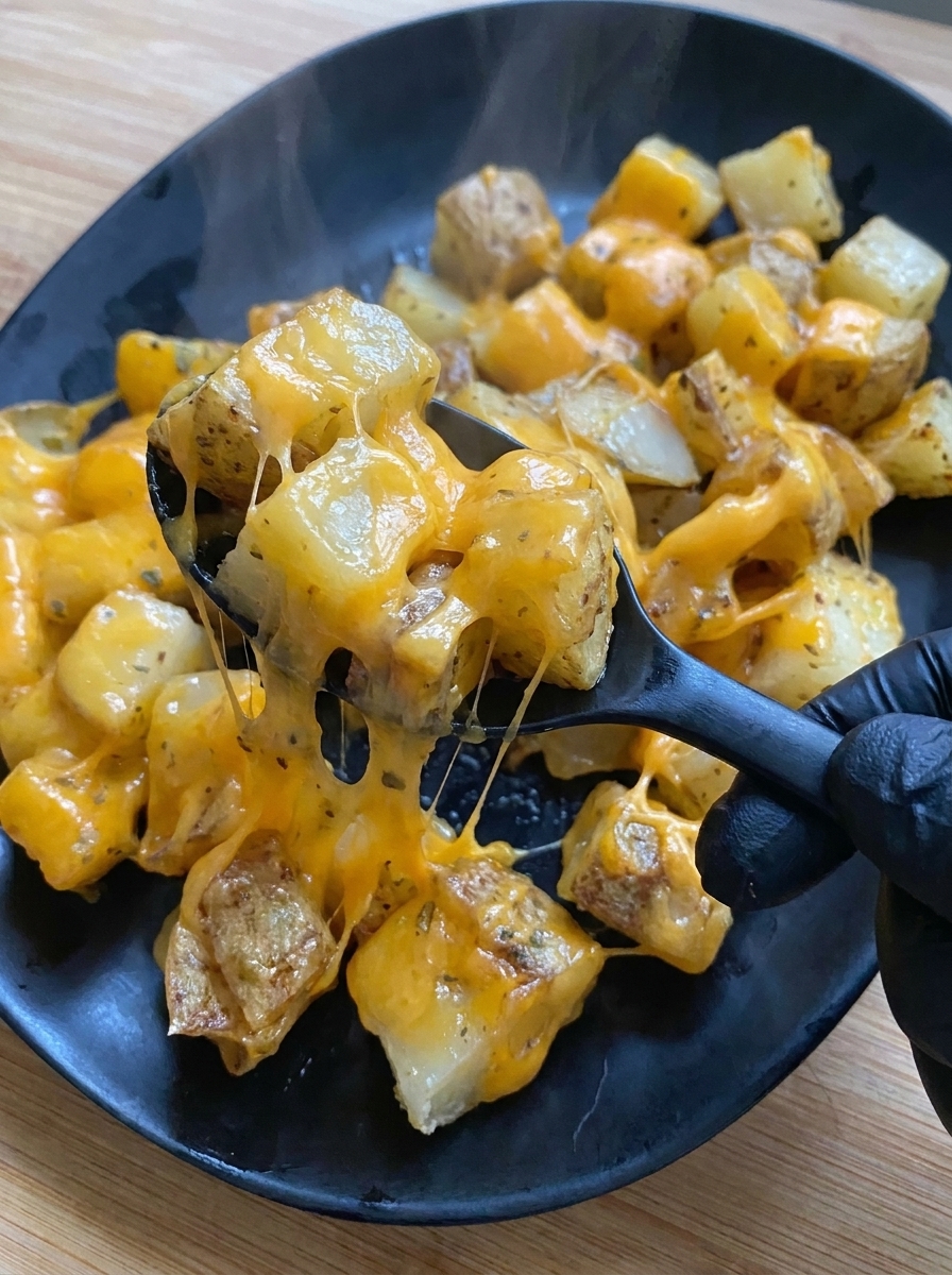 A spoon is scooping up cheesy potatoes.