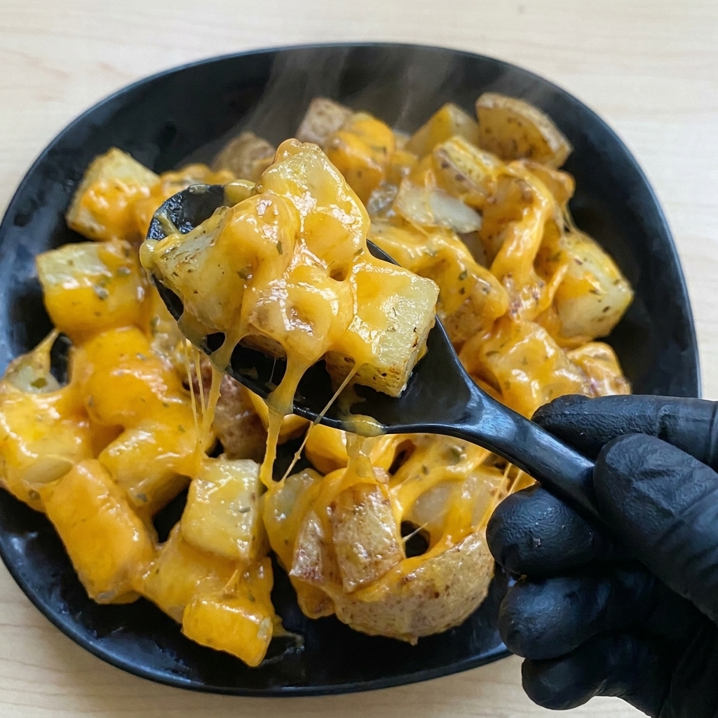 A spoon is being used to scoop cheesy potatoes.