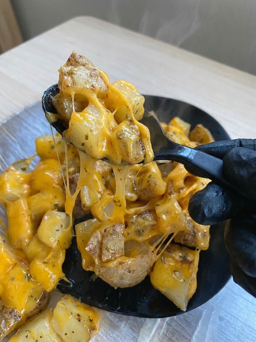 A spoon is scooping up cheesy potatoes.
