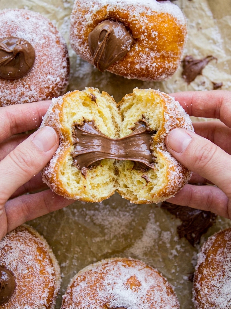 A person is holding a Nutella donut.