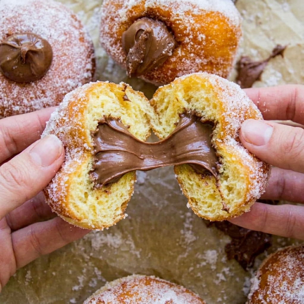 A person is holding a Nutella donut with a bite taken out of it.