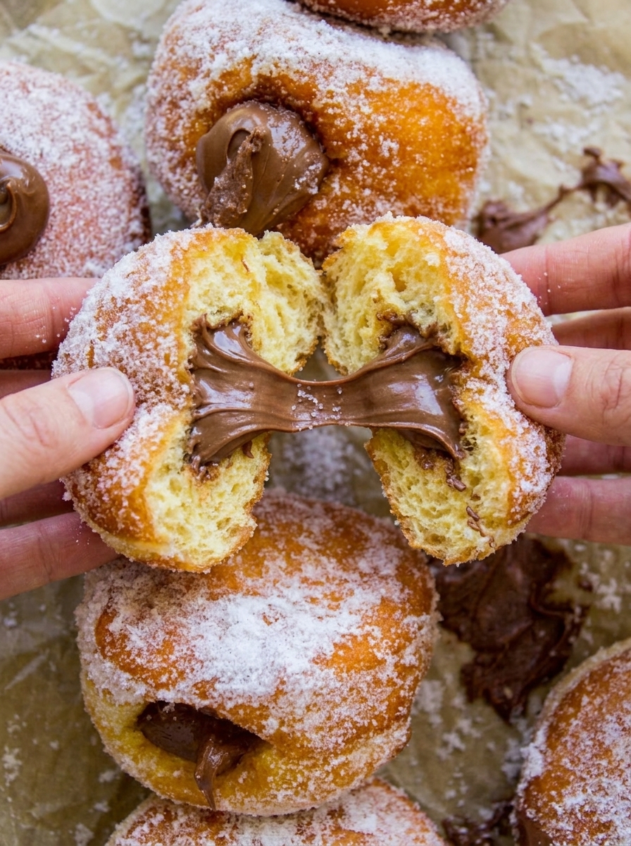 A hand holding a Nutella donut.