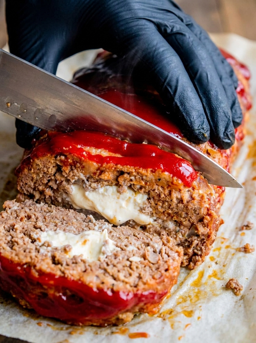 A close up of a meatloaf with cream cheese.