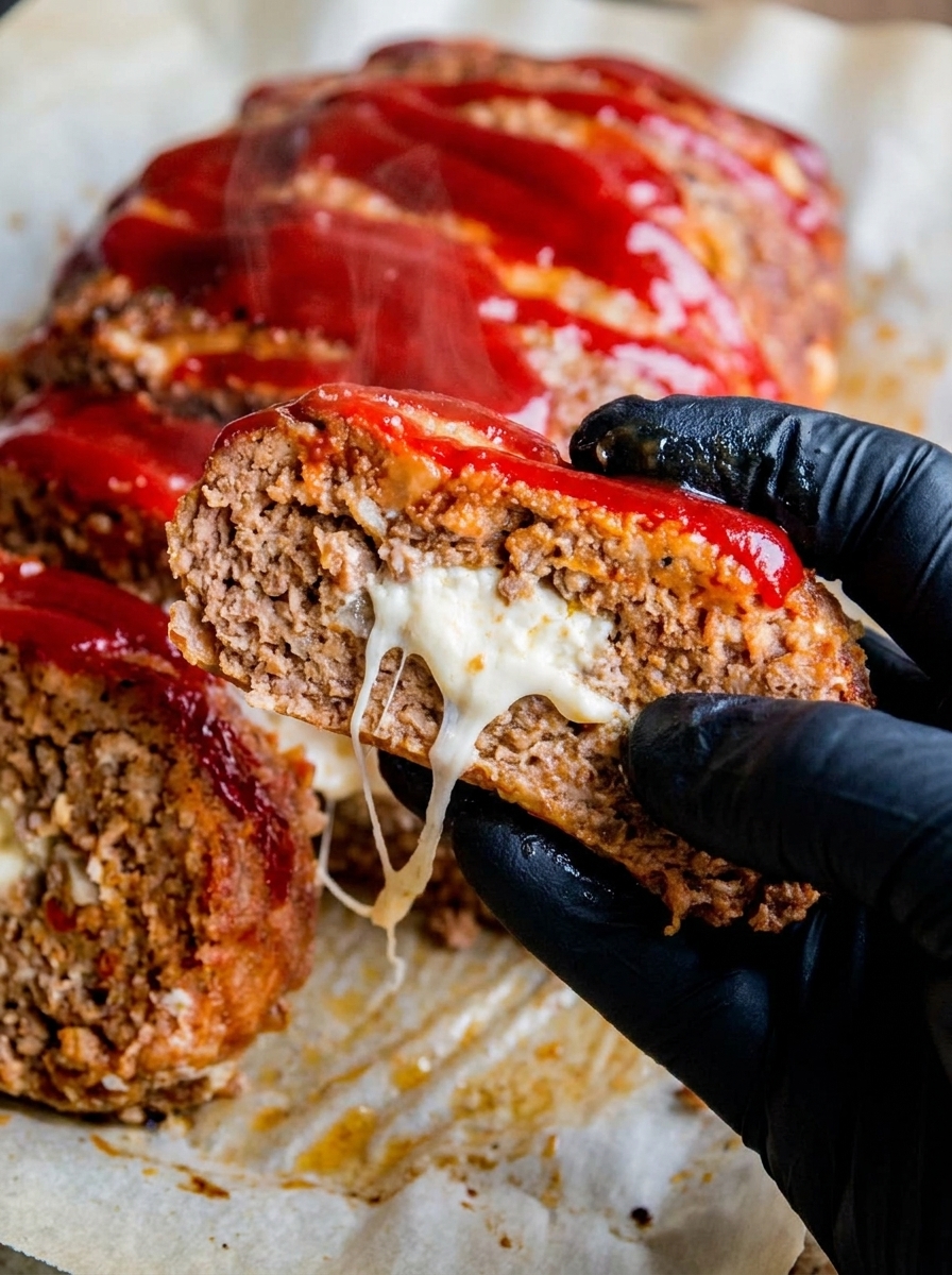 A hand is holding a piece of meatloaf with cream cheese on it.