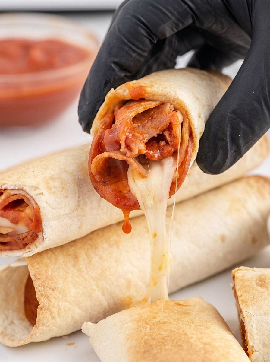 A hand is holding a tortilla pizza roll.