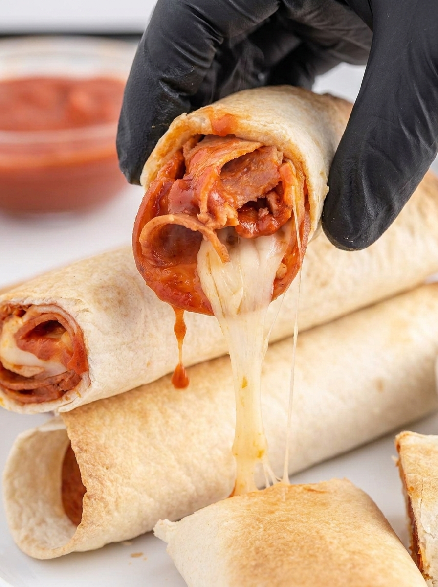 A person is putting cheese on a tortilla pizza roll.