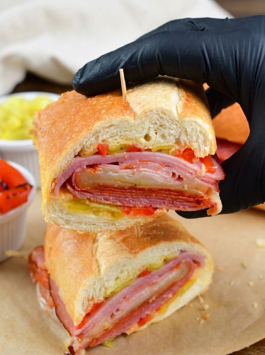 A close up of a baked Italian sub sandwich.