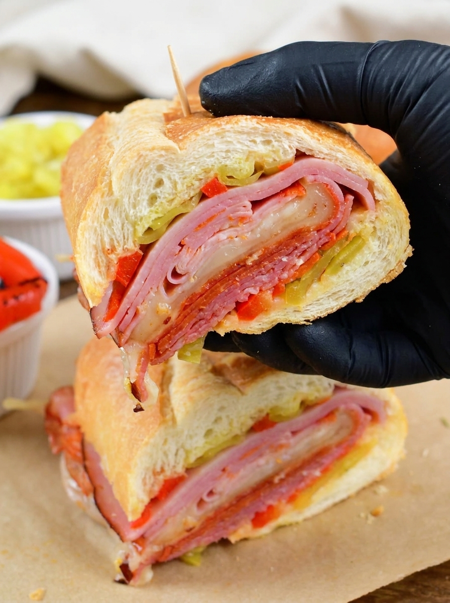 A person is holding a sandwich with peppers and cheese.