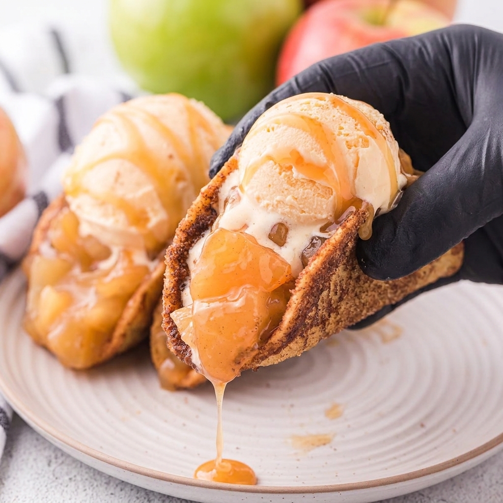 A hand is holding a piece of apple pie taco.