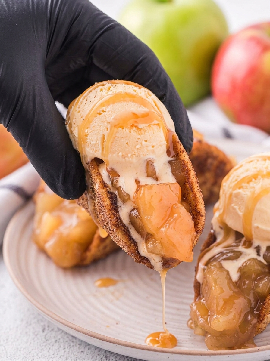 A person is eating a dessert that is made of an apple pie and a taco.