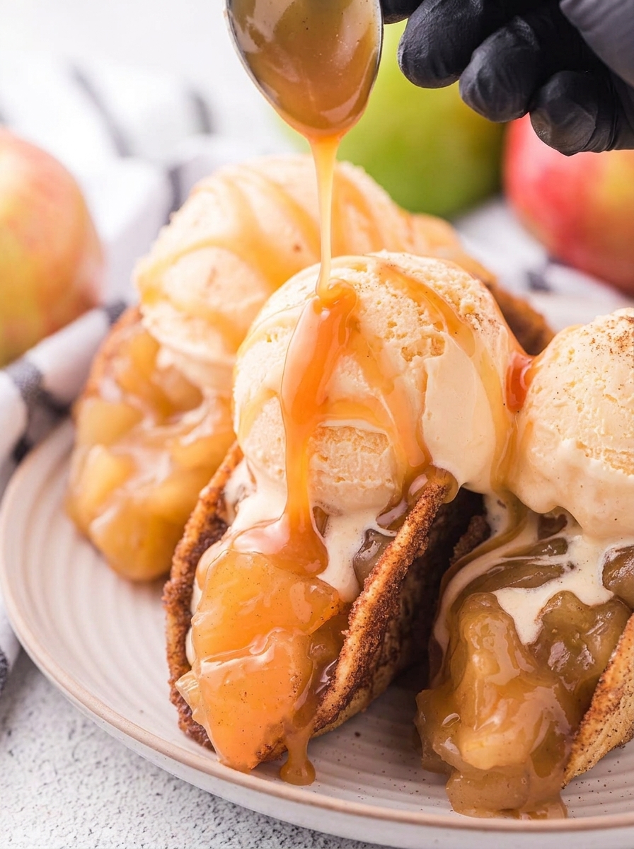 A plate of apple pie tacos with caramel drizzled on top.