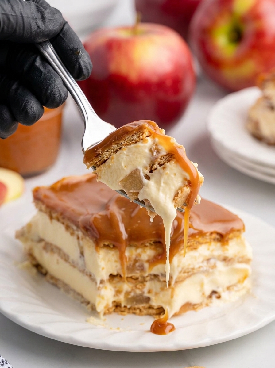 A slice of caramel apple eclair cake being eaten.