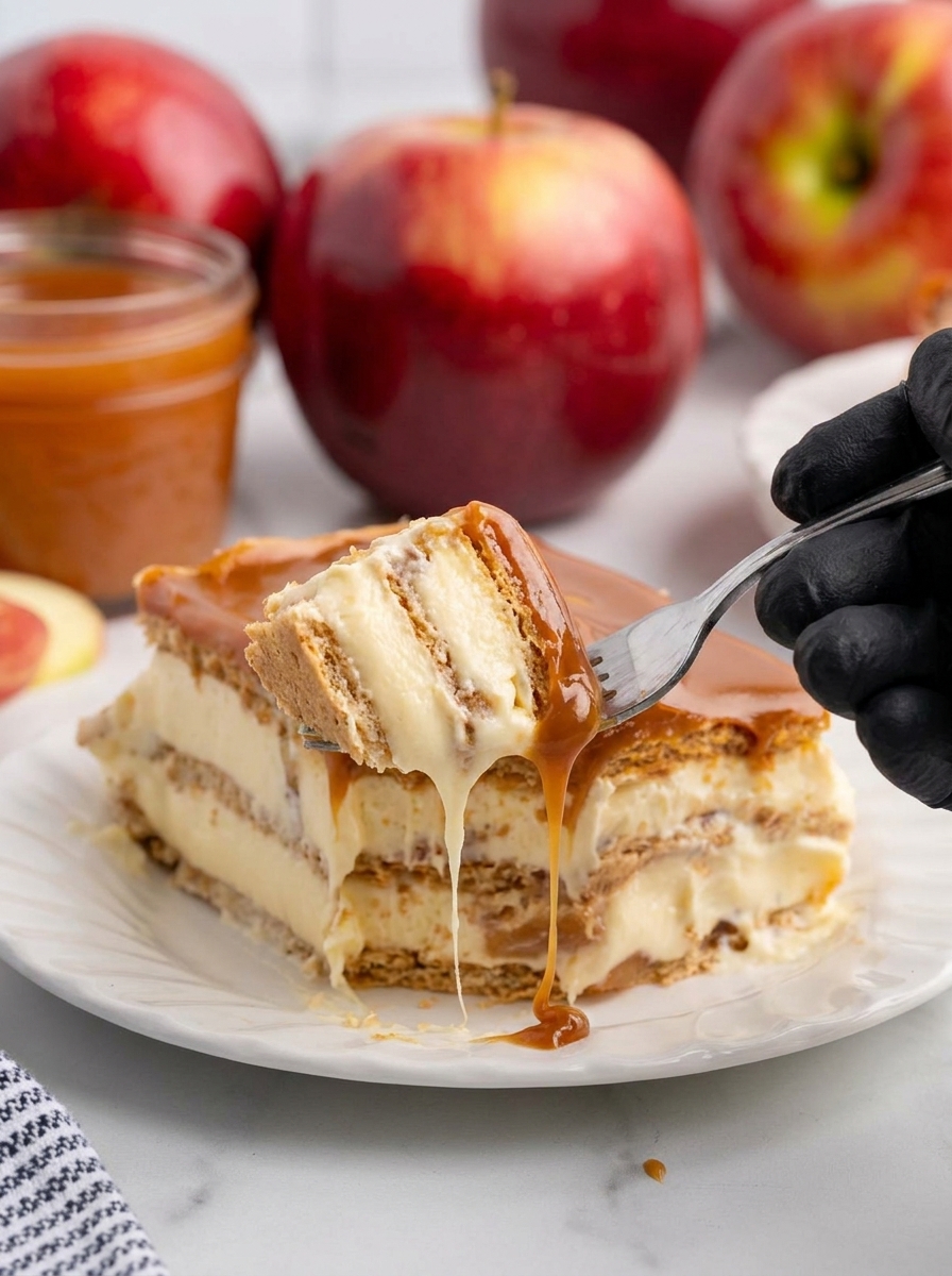 A slice of caramel apple eclair cake.