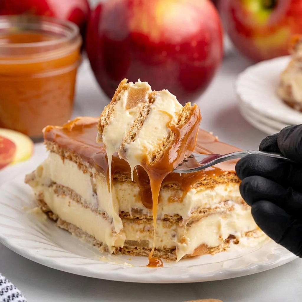 A slice of caramel apple eclair cake.