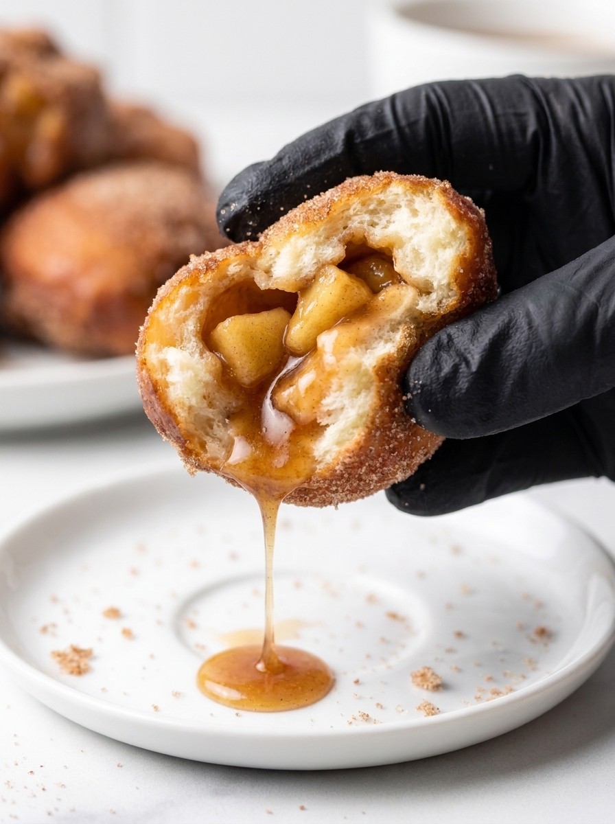 A person is holding a caramel apple pie bomb.