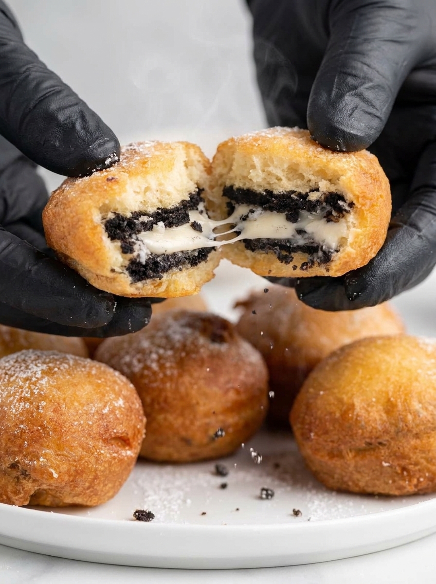 A hand holding a half eaten deep fried Oreo.