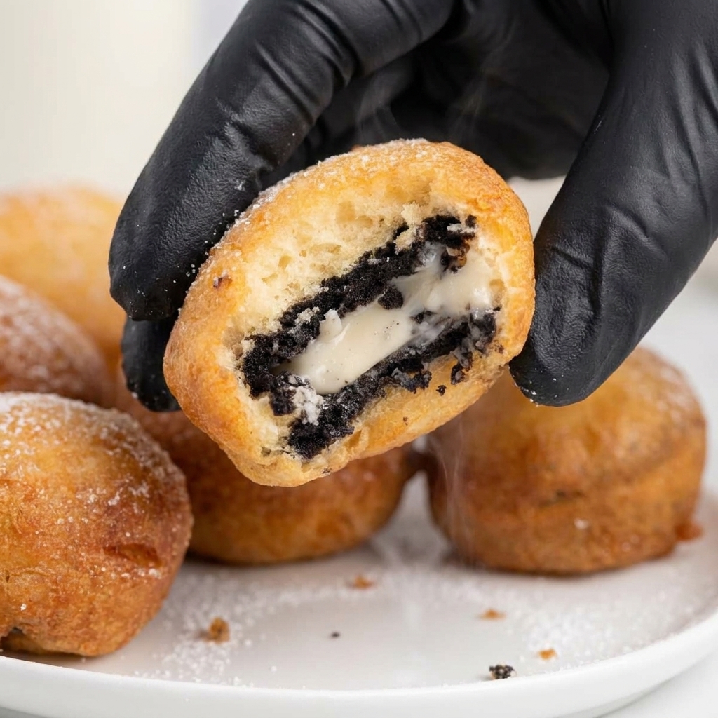 A hand is holding a deep fried Oreo.