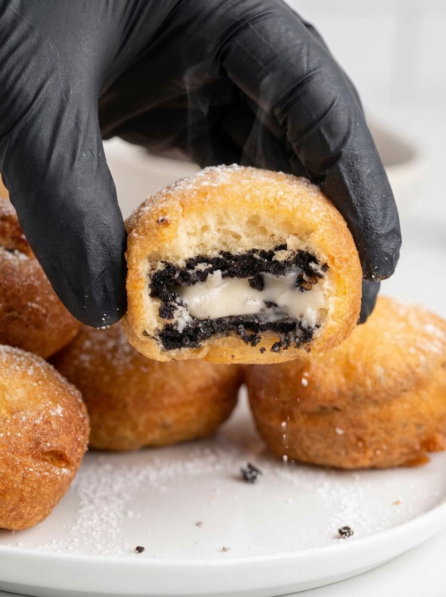 A hand holding a piece of a deep fried Oreo.