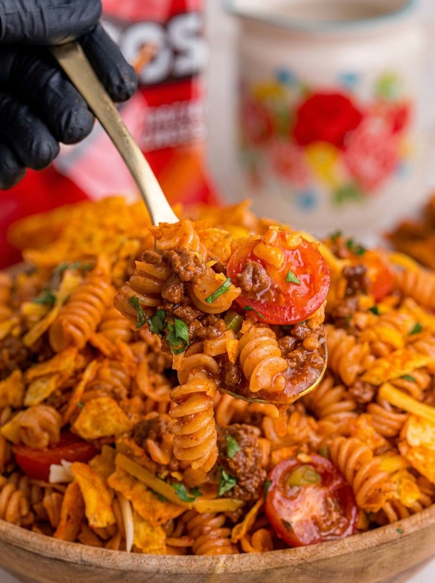 A spoon is being used to scoop up some pasta salad.