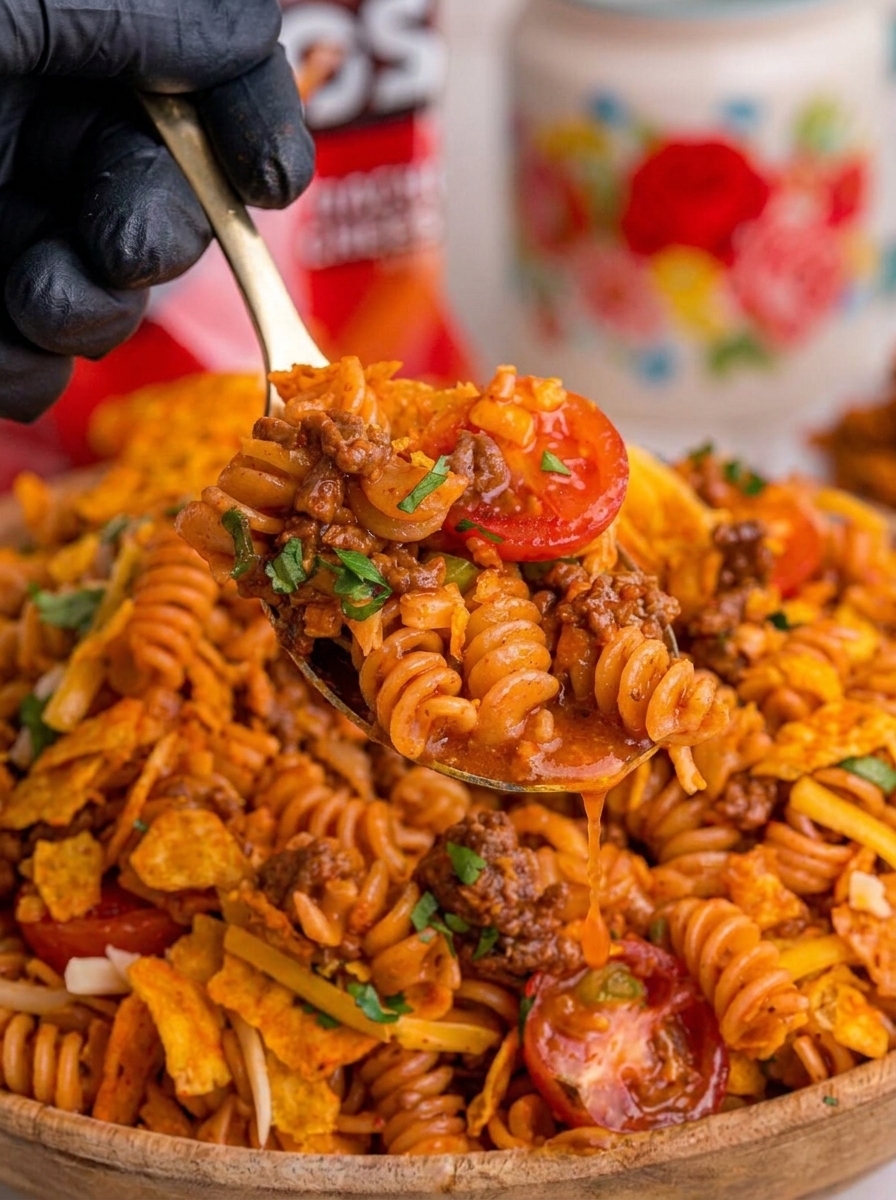 A spoon is being used to eat a bowl of pasta salad.