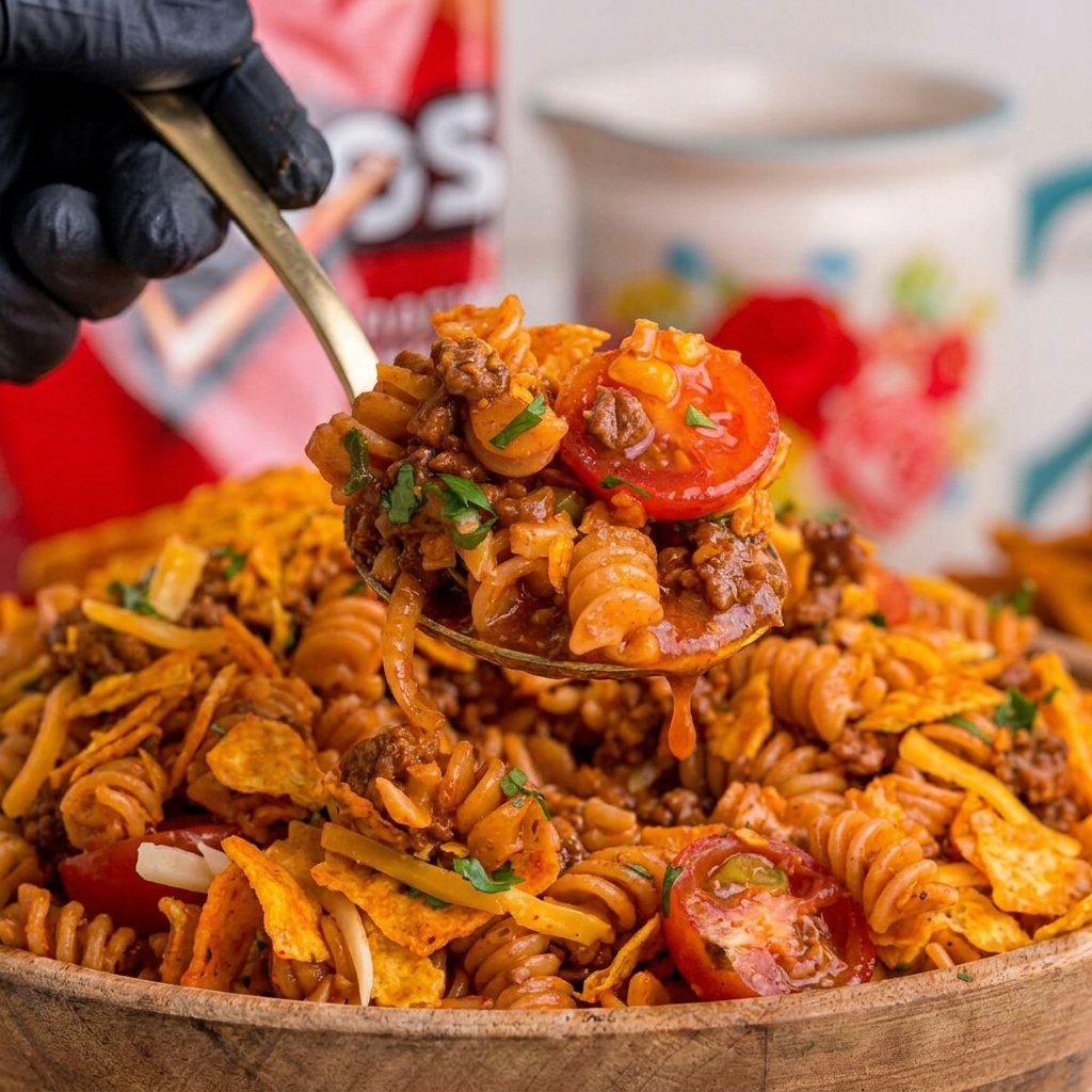 A person is eating a bowl of Dorito Taco Pasta Salad.