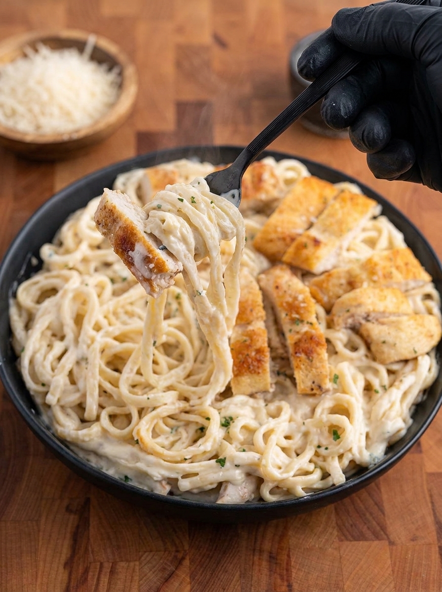 A fork is being used to eat a creamy chicken pasta dish.