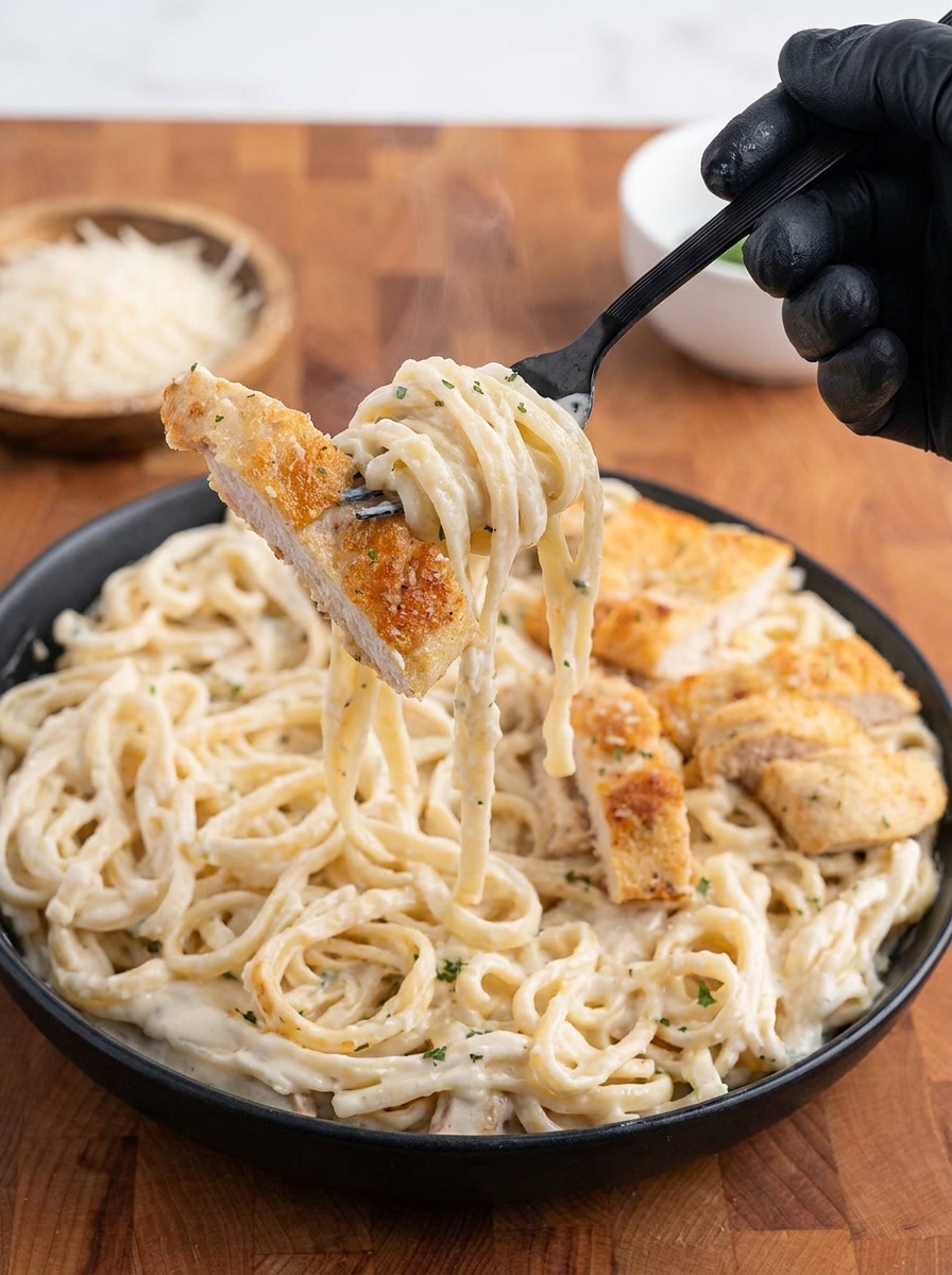 A fork is being used to eat a creamy chicken pasta dish.