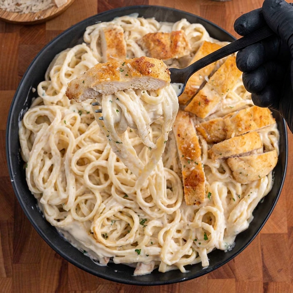 A fork is being used to eat creamy chicken pasta.
