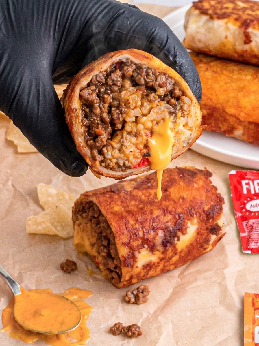 A person is holding a grilled cheese burrito.