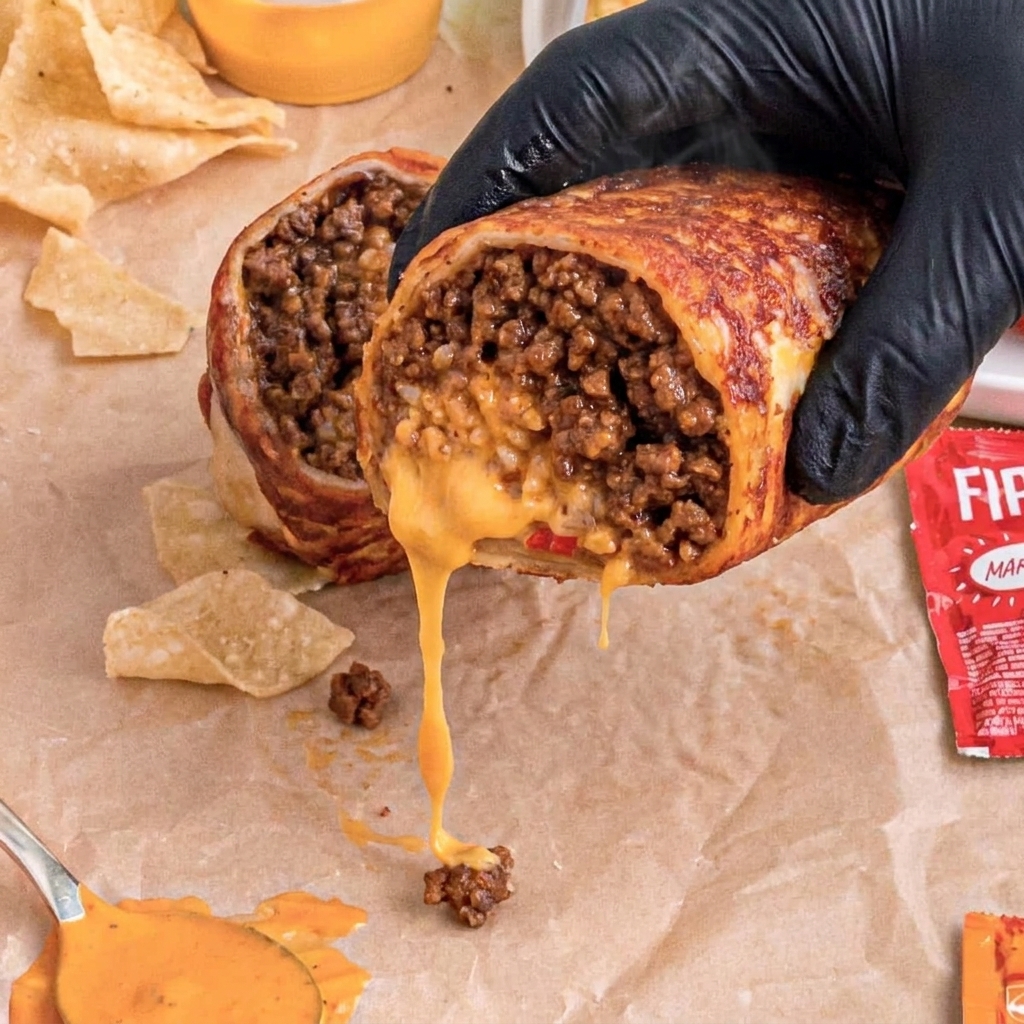 A hand holding a grilled cheese burrito.