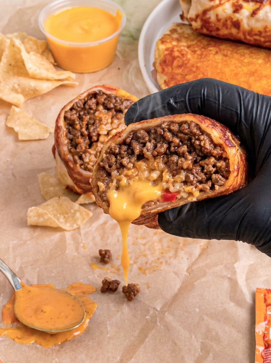 A person is holding a grilled cheese burrito.