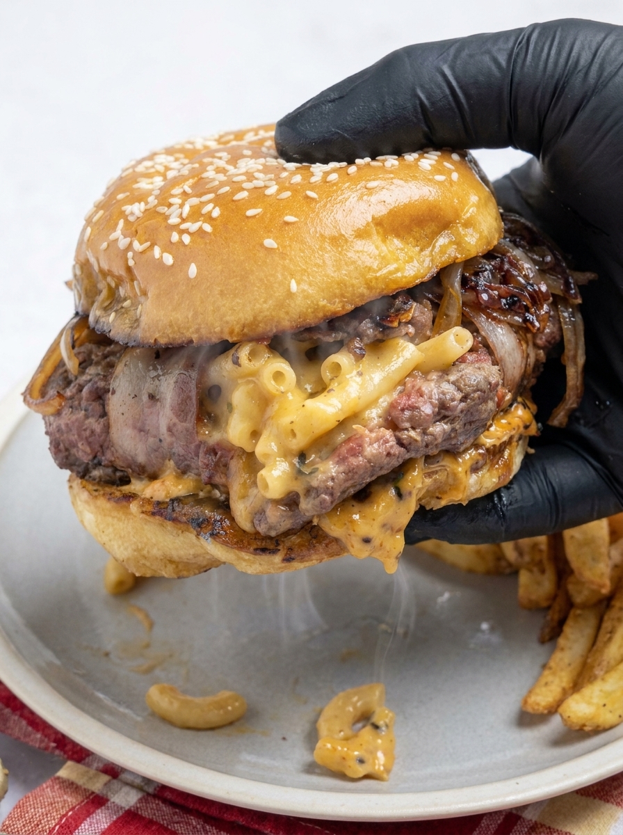 A hand holding a burger with mac and cheese on top.
