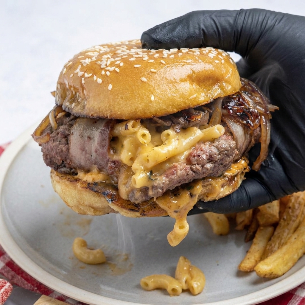A person is holding a burger with mac and cheese on it.