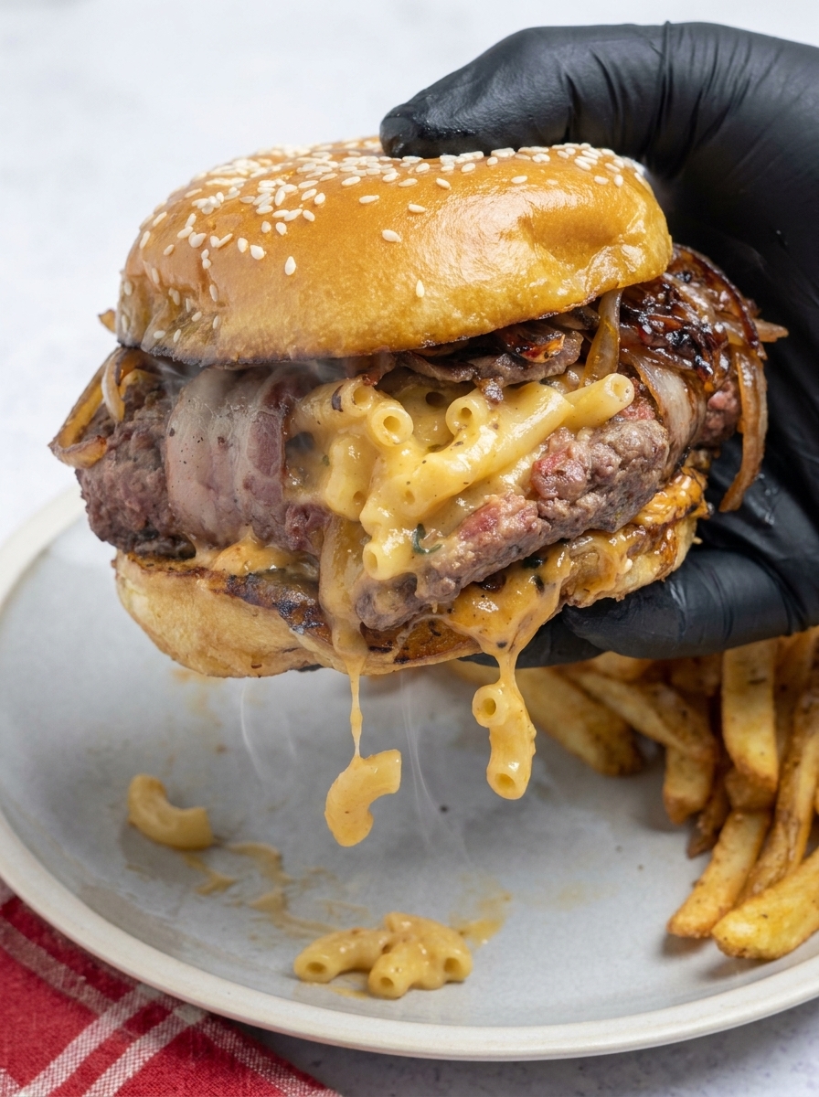 A close up of a burger with mac and cheese on it.