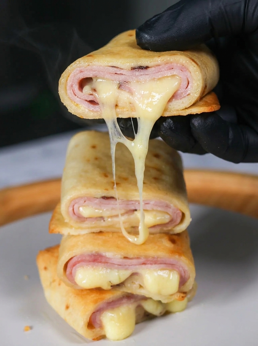 A person is holding a hot ham and cheese wrap.