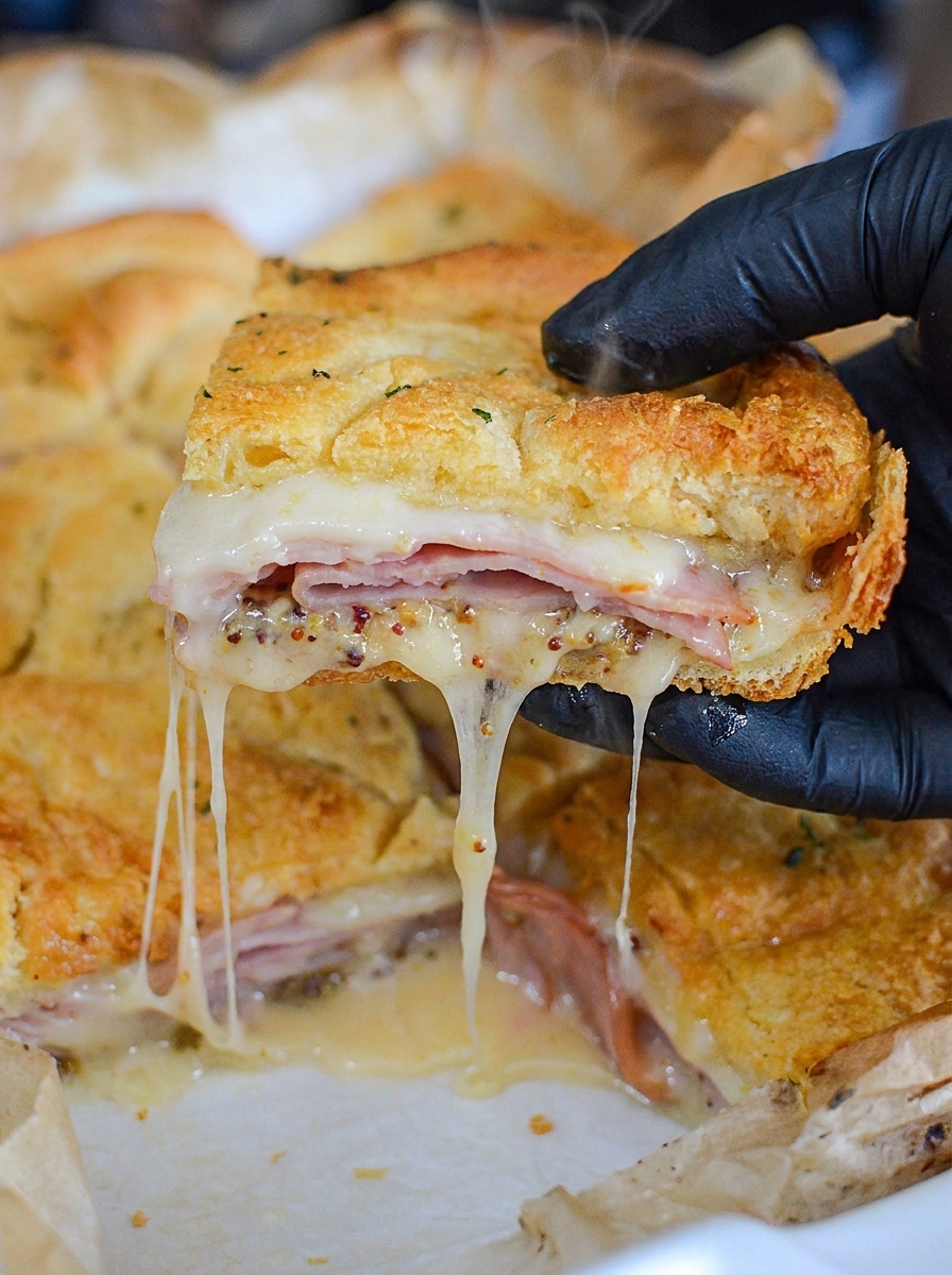 A hand holding a piece of a hot ham and cheese sandwich.