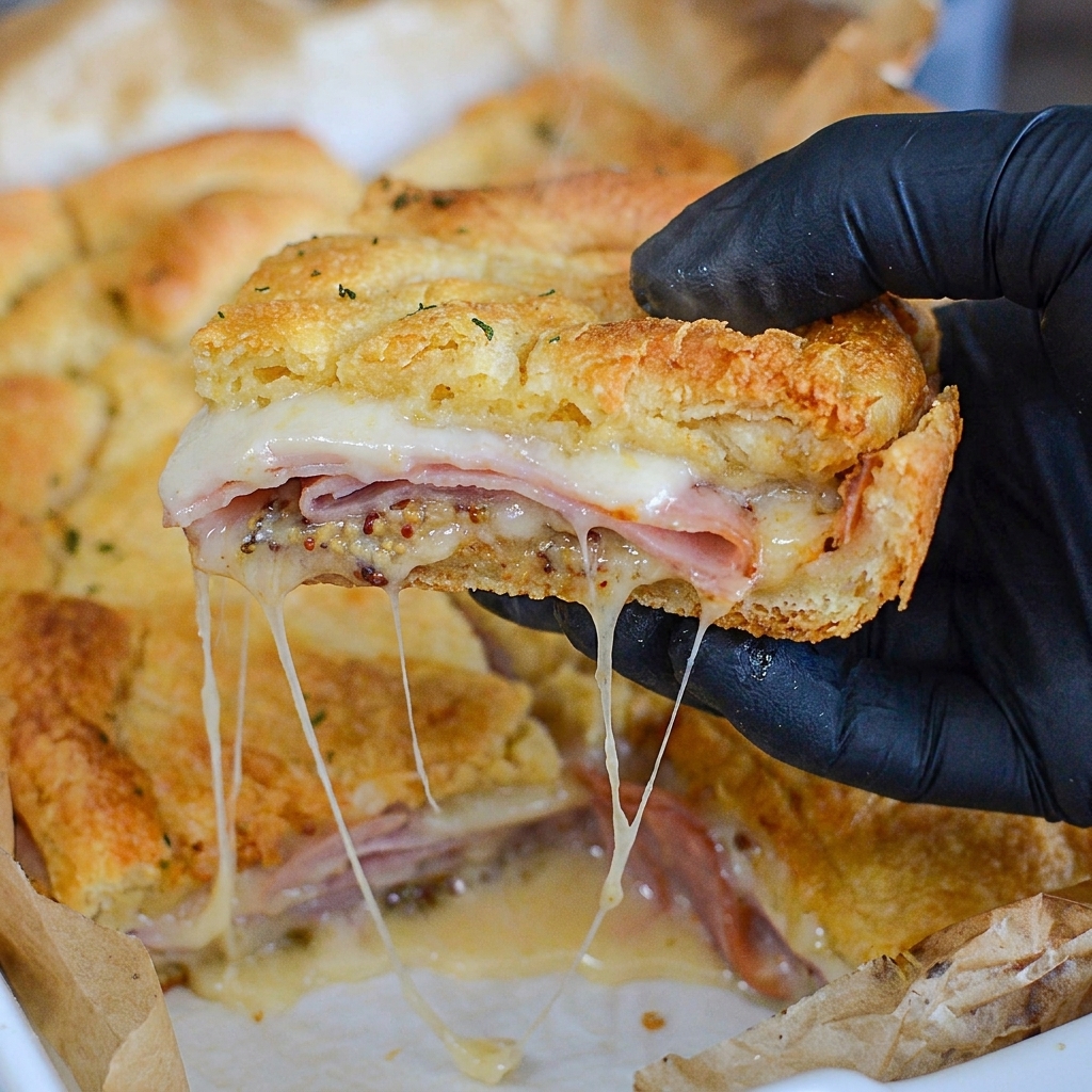 A hand is holding a piece of ham and cheese sandwich.