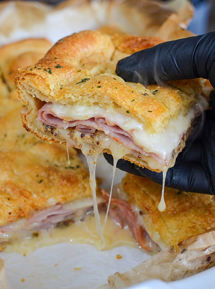 A hand holding a slice of ham and cheese sandwich.