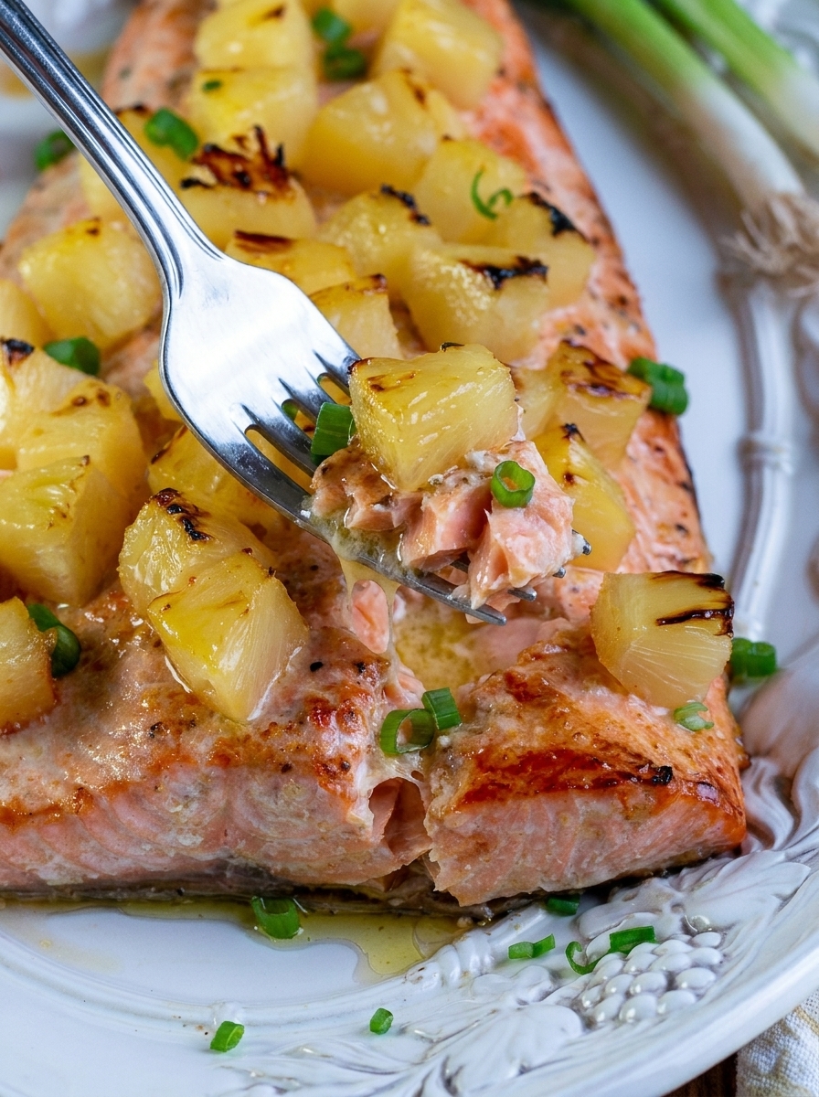 A fork is being used to eat a piece of salmon with pineapple glaze.