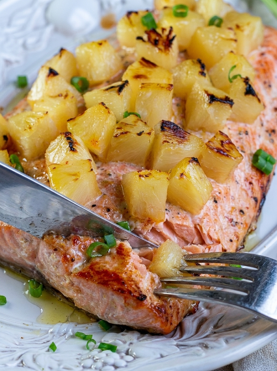 A piece of salmon with pineapple glaze on it.