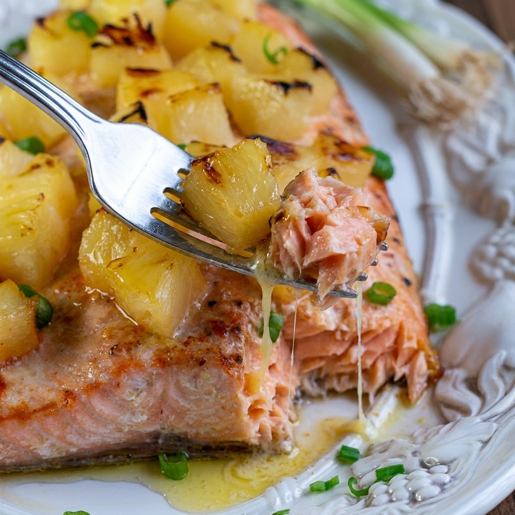 A piece of salmon with pineapple glaze.
