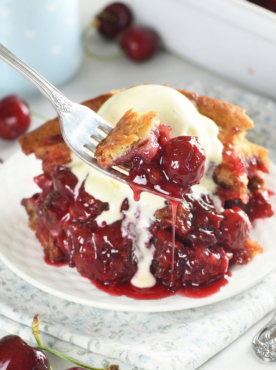 A fork is being used to eat a piece of cherry cobbler.
