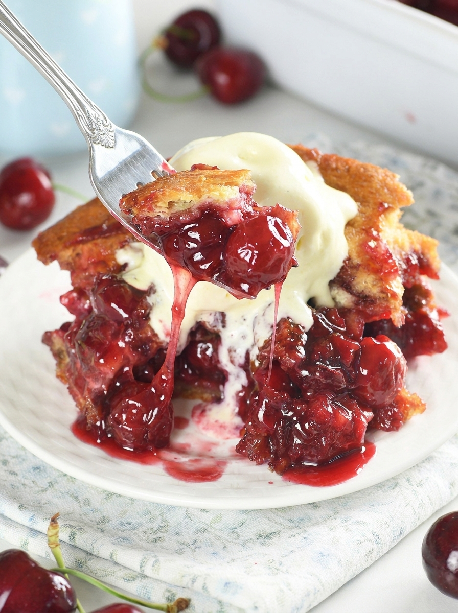 A fork is being used to eat a piece of cherry cobbler.