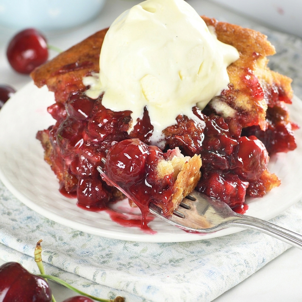 A slice of cherry cobbler with a scoop of ice cream on top.