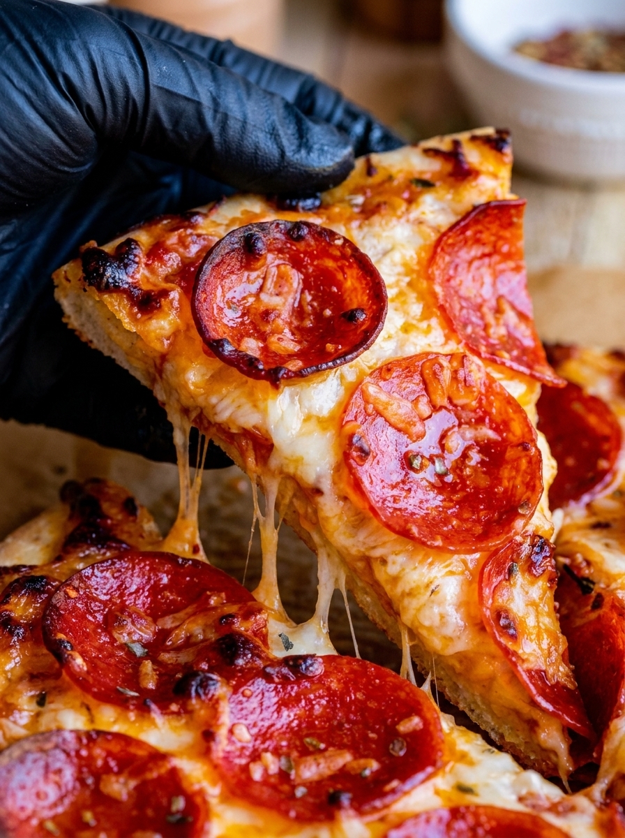 A slice of pepperoni pizza with cheese dripping off.