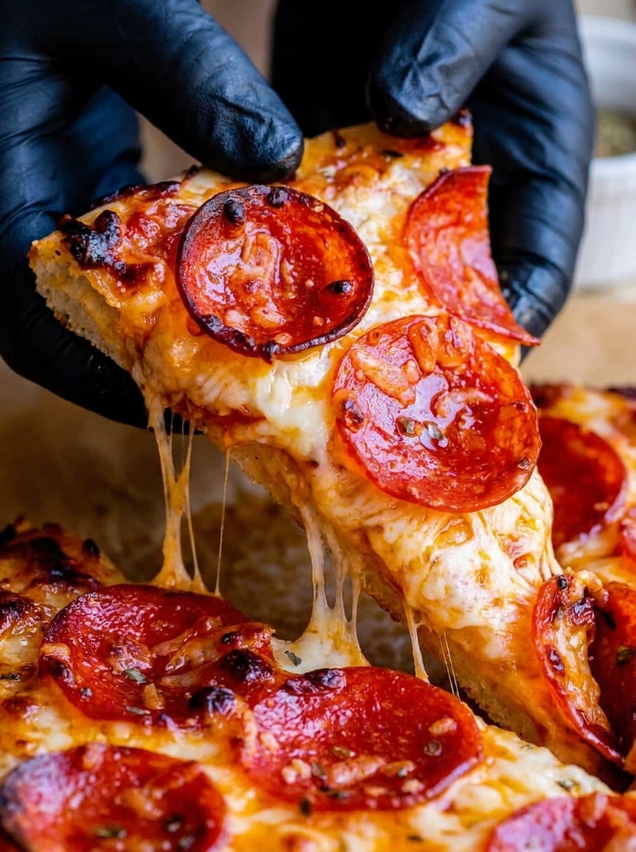 A slice of pepperoni pizza being held by a person.