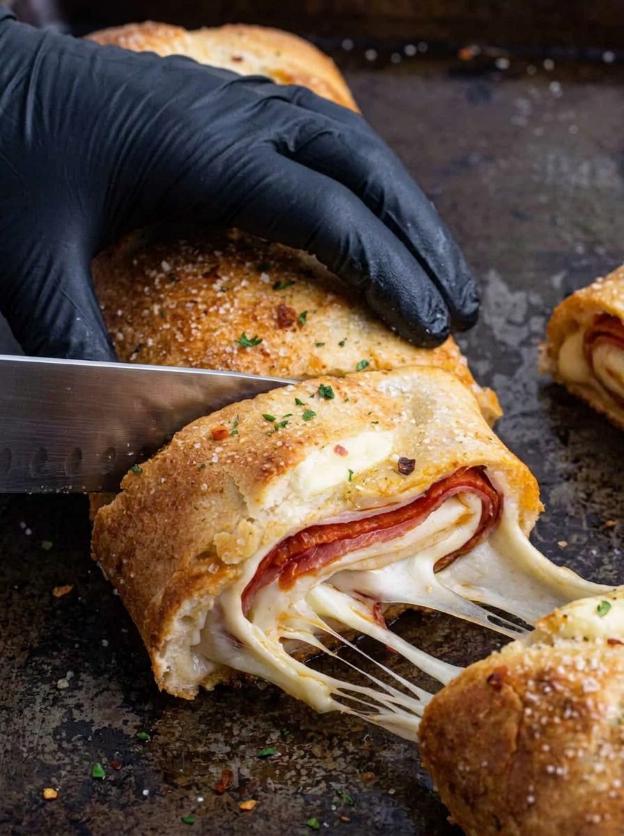 A hand is cutting a stromboli.