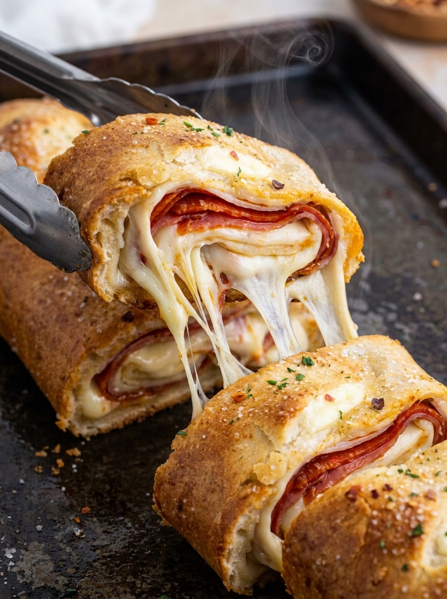 A slice of cheese and meat filled stromboli.