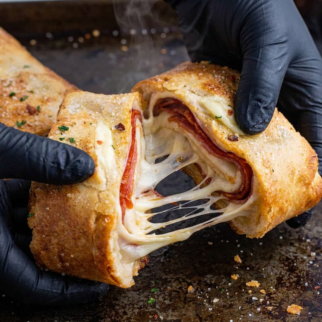 A hand is holding a piece of food that is cut in half.