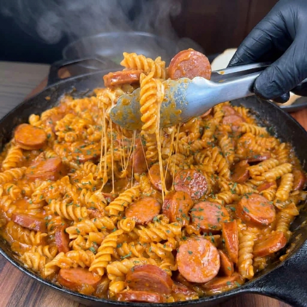 A pan of pasta with a sausage on top.